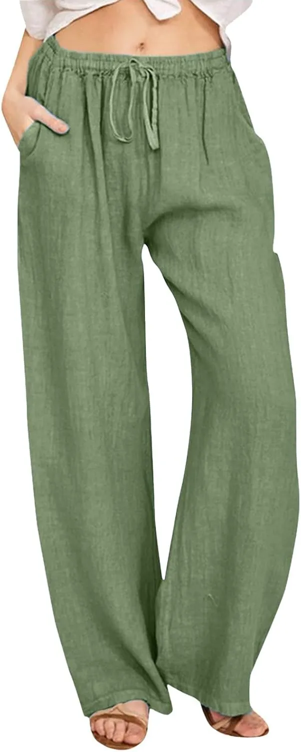 Cotton Pants for Women Solid Drawstring High Waist Self-Tie Casual Trousers Loose Fit Straight Leg Pants with Pockets