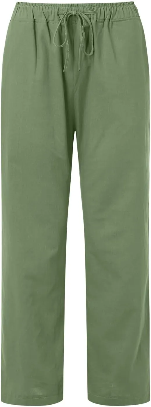 Cotton Pants for Women Solid Drawstring High Waist Self-Tie Casual Trousers Loose Fit Straight Leg Pants with Pockets