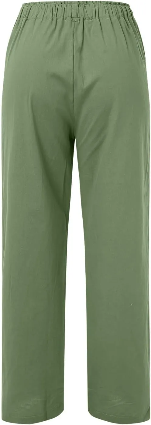 Cotton Pants for Women Solid Drawstring High Waist Self-Tie Casual Trousers Loose Fit Straight Leg Pants with Pockets