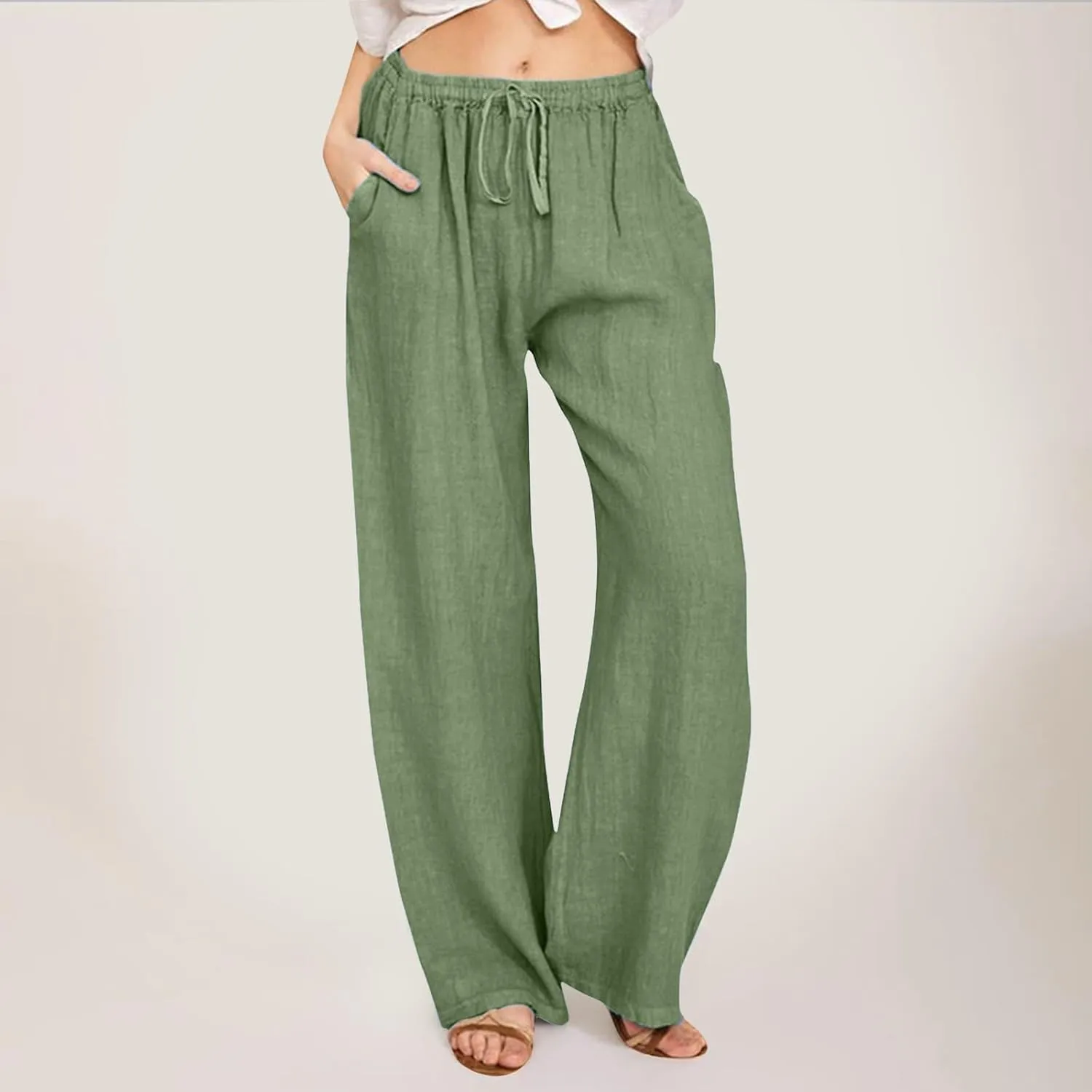 Cotton Pants for Women Solid Drawstring High Waist Self-Tie Casual Trousers Loose Fit Straight Leg Pants with Pockets