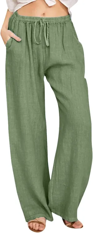 Cotton Pants for Women Solid Drawstring High Waist Self-Tie Casual Trousers Loose Fit Straight Leg Pants with Pockets