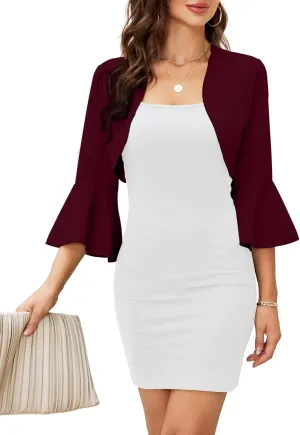 Cropped Cardigans for Women, 3/4 Bell Sleeve Bolero Shrug Open Front Bolero Jackets for Evening Dresses Wine Red M