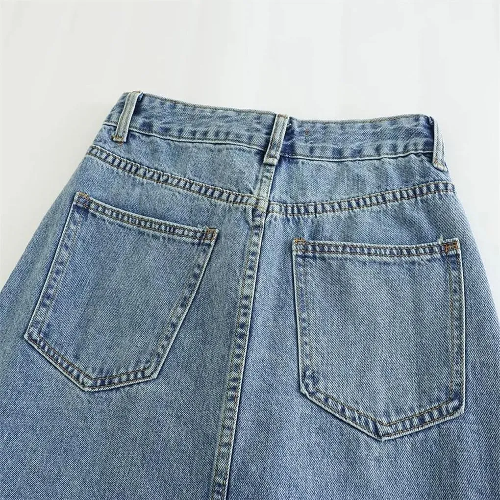 DBFBDTU Women Solid Long Denim Skirt Streetwear Casual High Waisted Pocket Skirts
