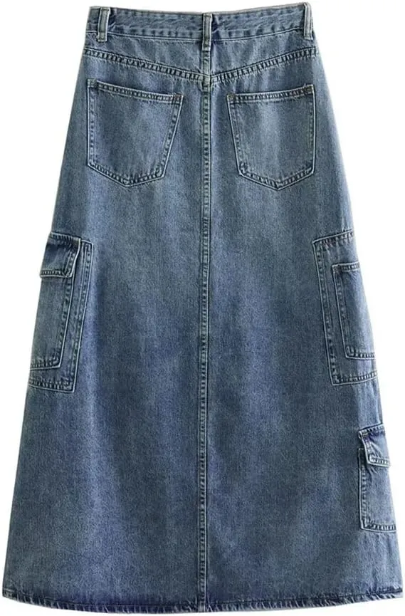 DBFBDTU Women Solid Long Denim Skirt Streetwear Casual High Waisted Pocket Skirts
