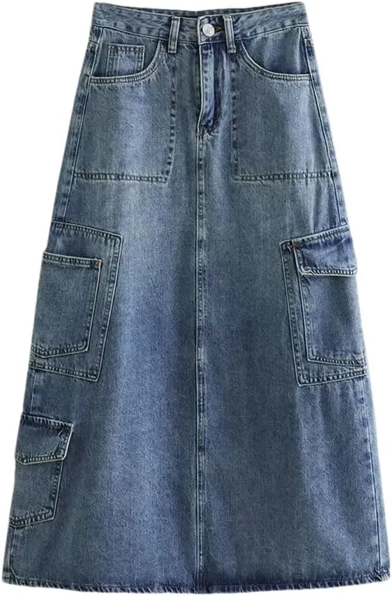 DBFBDTU Women Solid Long Denim Skirt Streetwear Casual High Waisted Pocket Skirts