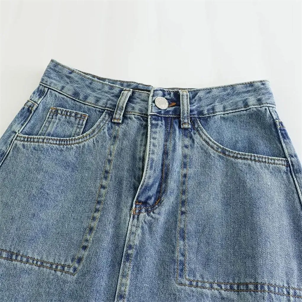 DBFBDTU Women Solid Long Denim Skirt Streetwear Casual High Waisted Pocket Skirts
