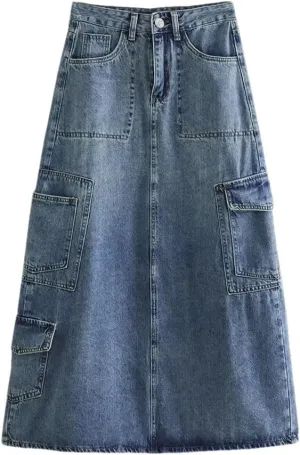 DBFBDTU Women Solid Long Denim Skirt Streetwear Casual High Waisted Pocket Skirts