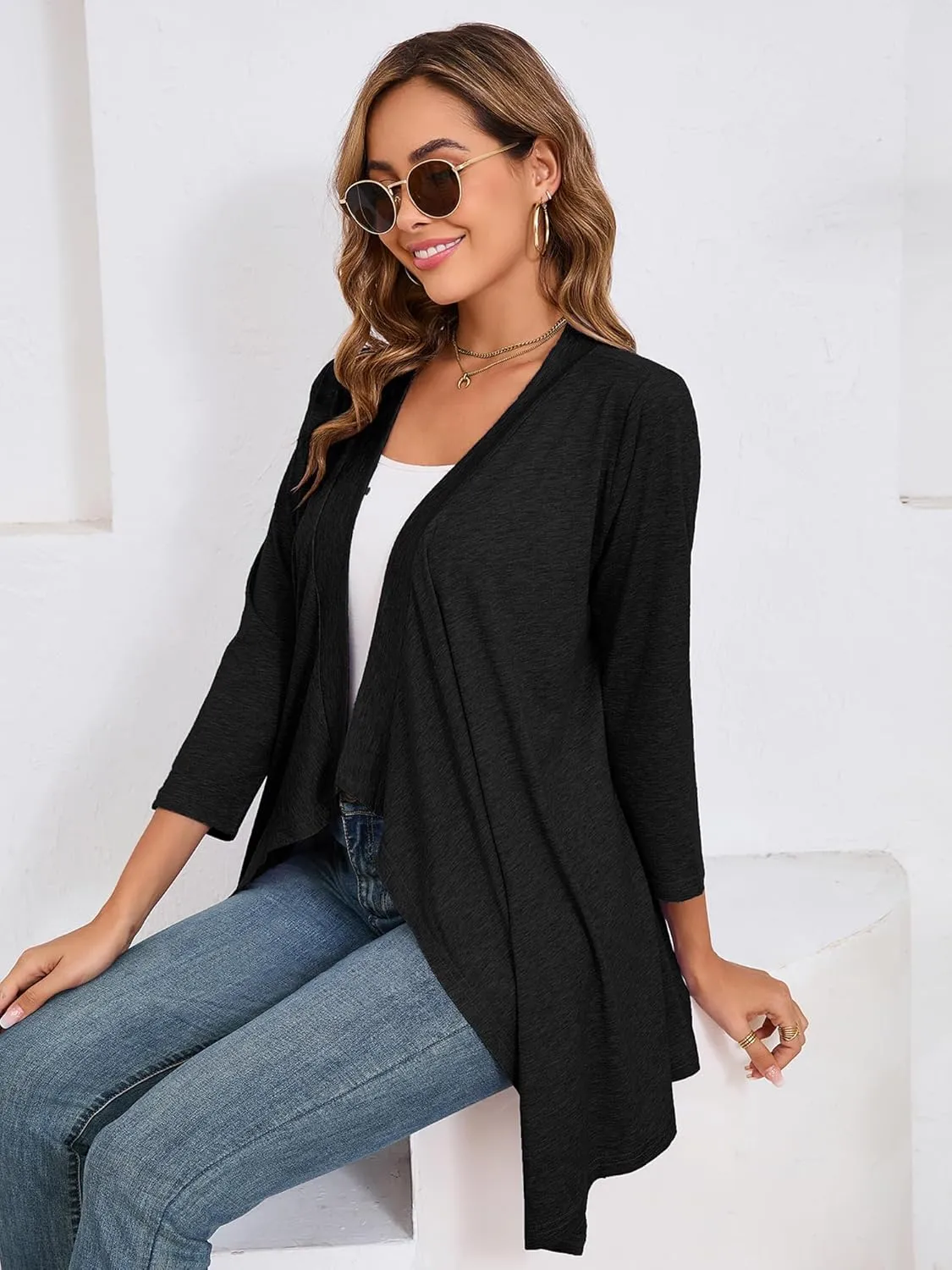 DEARCASE Women's Open Front Cardigans 3/4 Sleeve Draped Striped Printed Sweater Jackets Draped Kimono Loose Cardigan