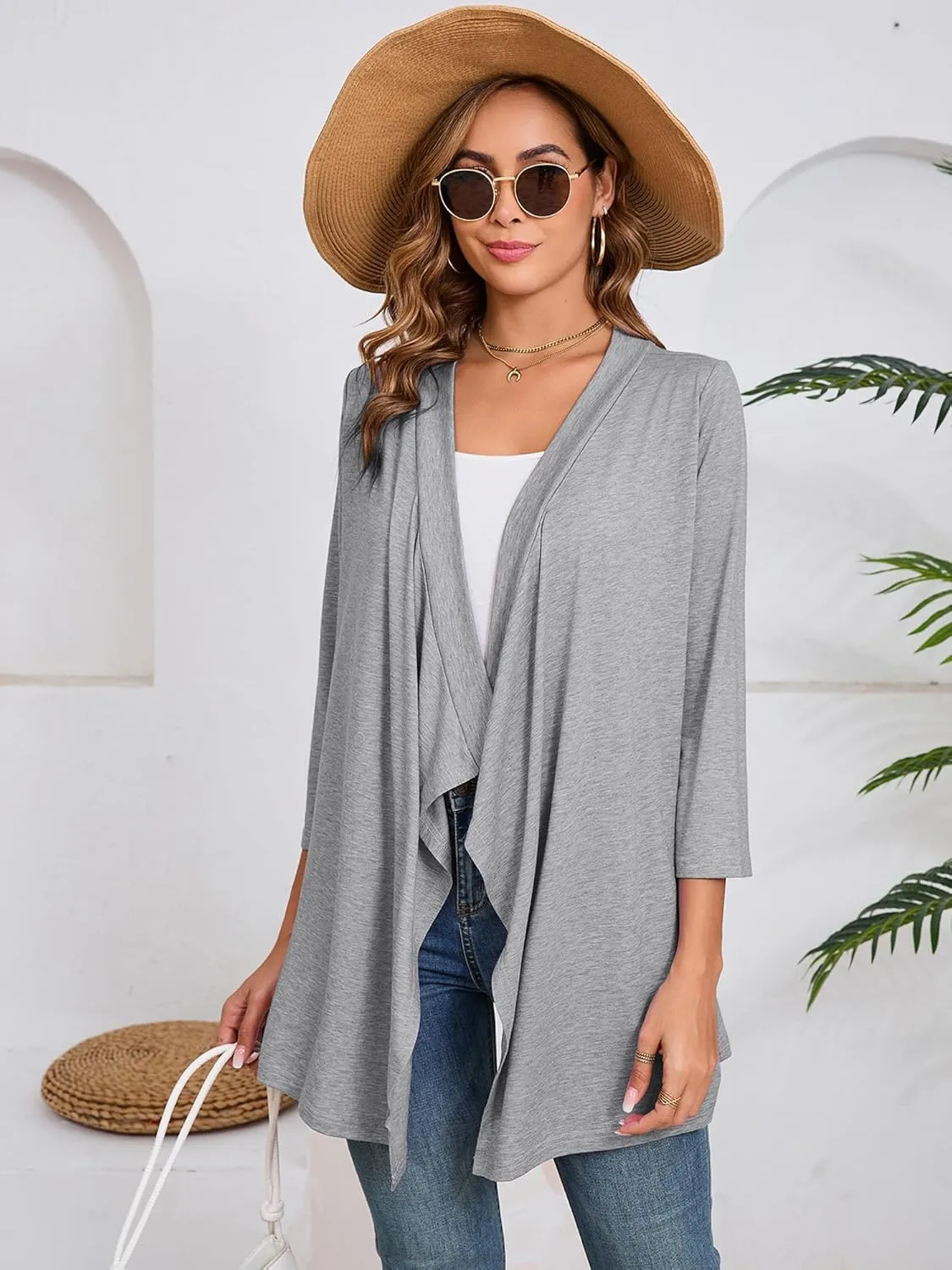 DEARCASE Women's Open Front Cardigans 3/4 Sleeve Draped Striped Printed Sweater Jackets Draped Kimono Loose Cardigan