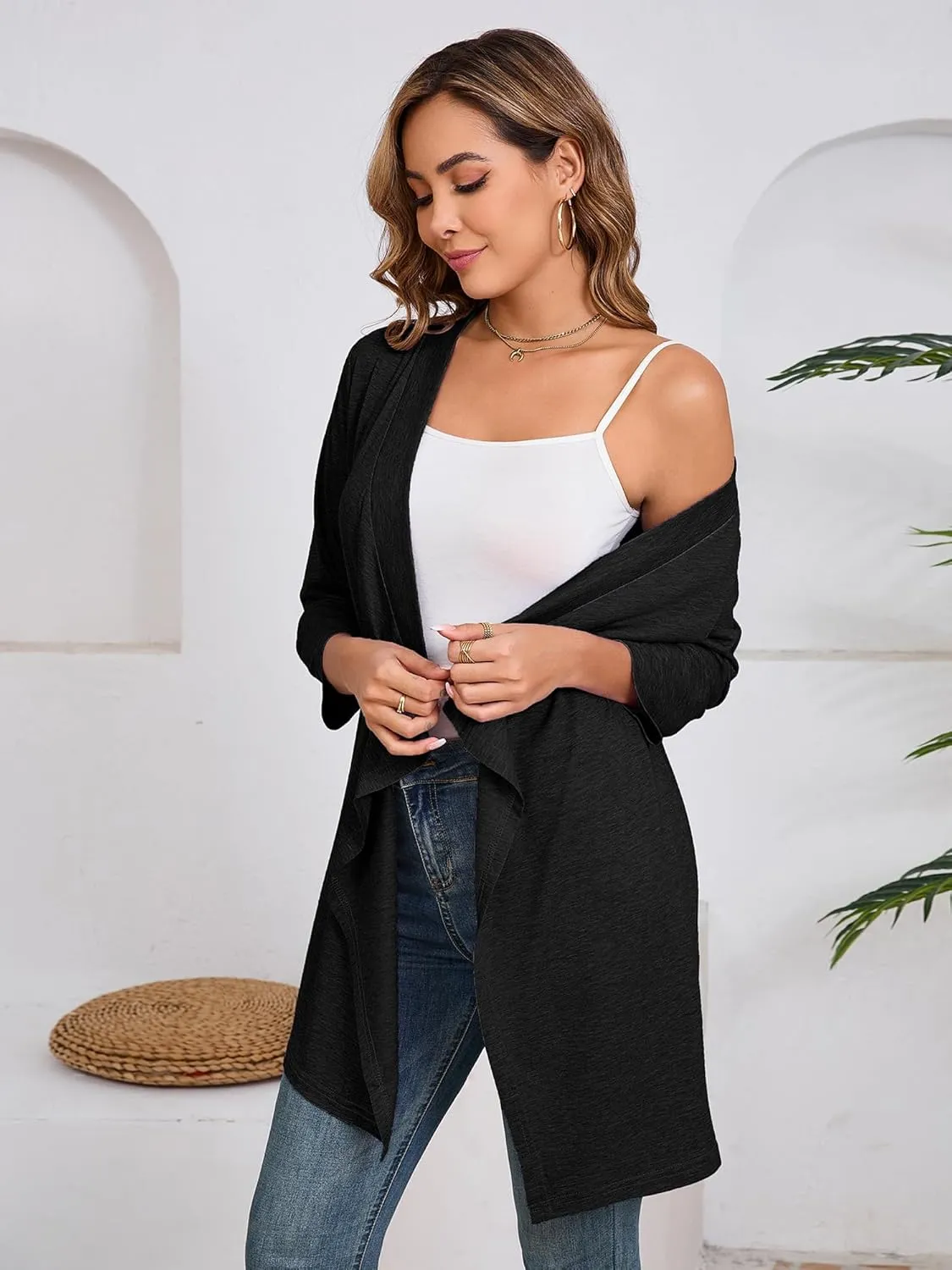 DEARCASE Women's Open Front Cardigans 3/4 Sleeve Draped Striped Printed Sweater Jackets Draped Kimono Loose Cardigan