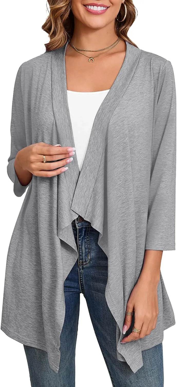 DEARCASE Women's Open Front Cardigans 3/4 Sleeve Draped Striped Printed Sweater Jackets Draped Kimono Loose Cardigan