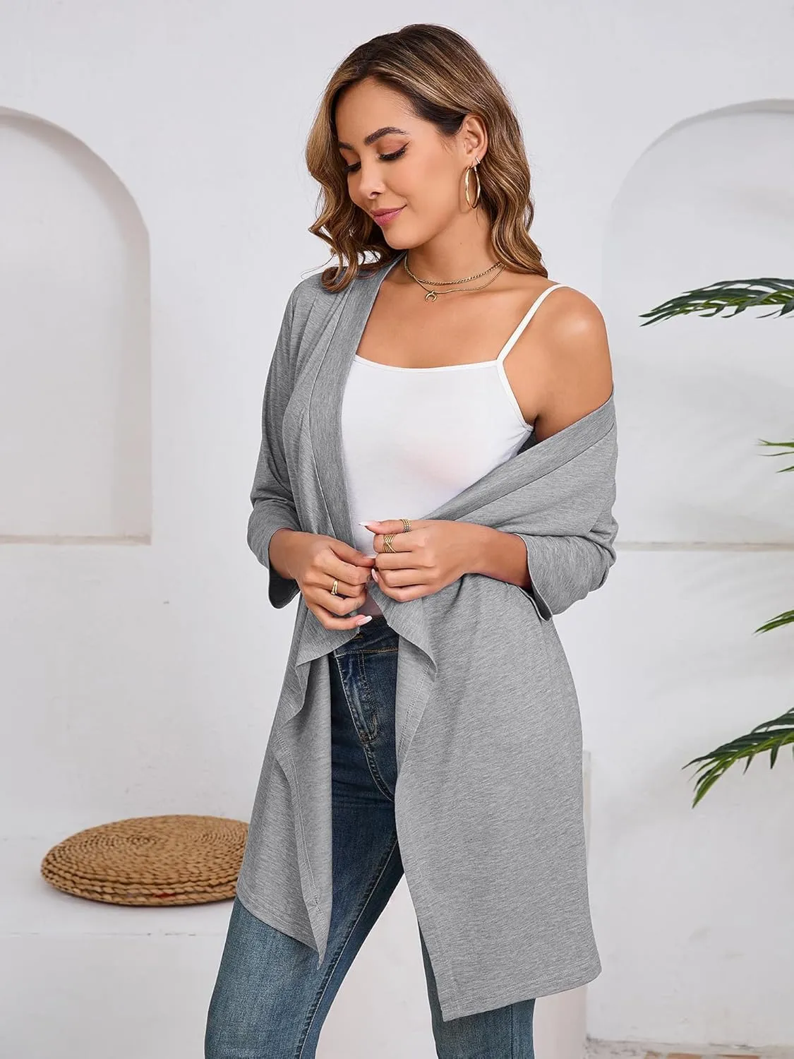 DEARCASE Women's Open Front Cardigans 3/4 Sleeve Draped Striped Printed Sweater Jackets Draped Kimono Loose Cardigan