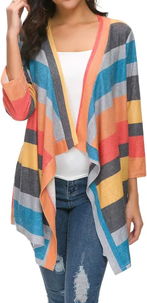 DEARCASE Women's Open Front Cardigans 3/4 Sleeve Draped Striped Printed Sweater Jackets Draped Kimono Loose Cardigan