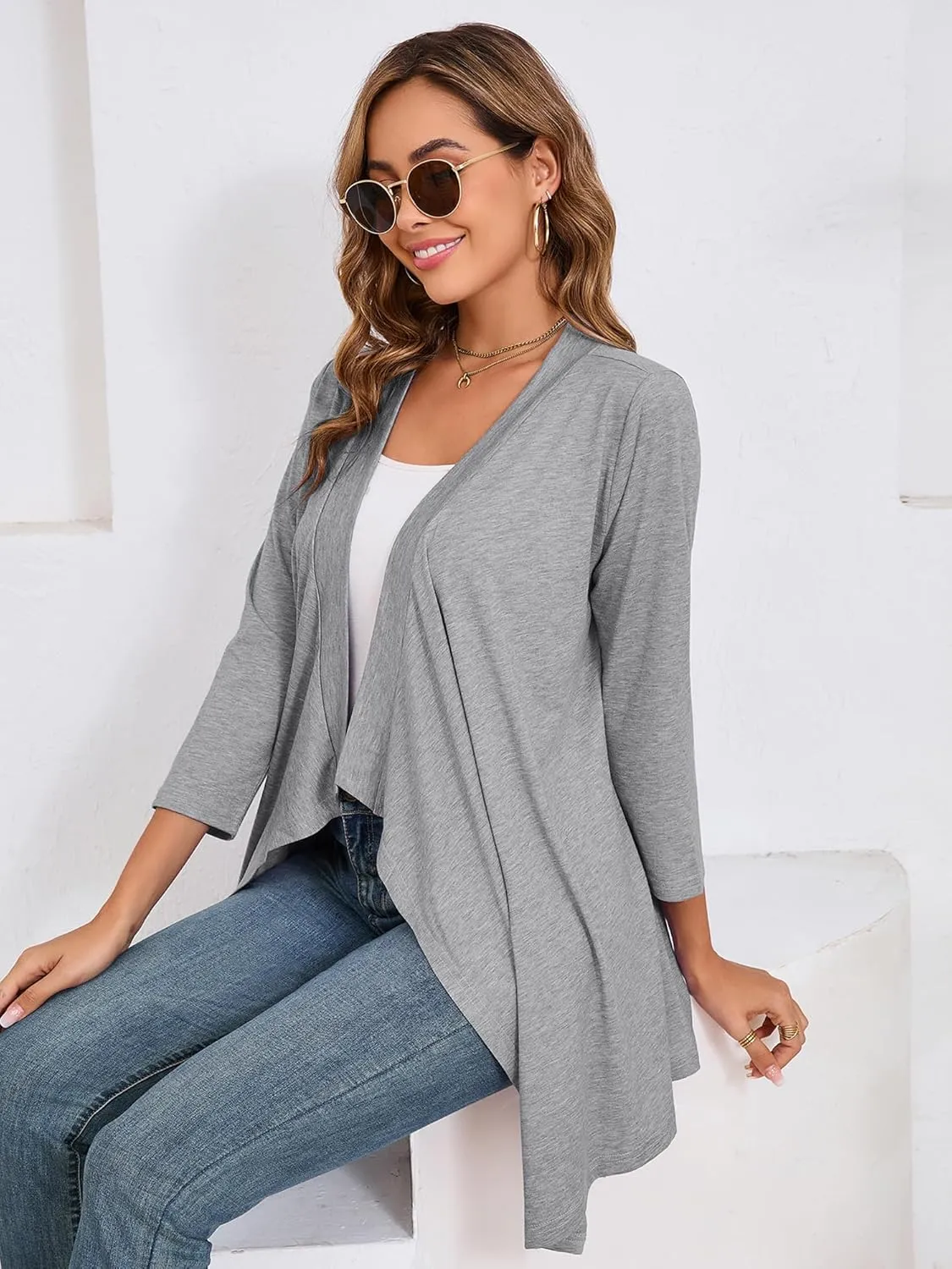 DEARCASE Women's Open Front Cardigans 3/4 Sleeve Draped Striped Printed Sweater Jackets Draped Kimono Loose Cardigan