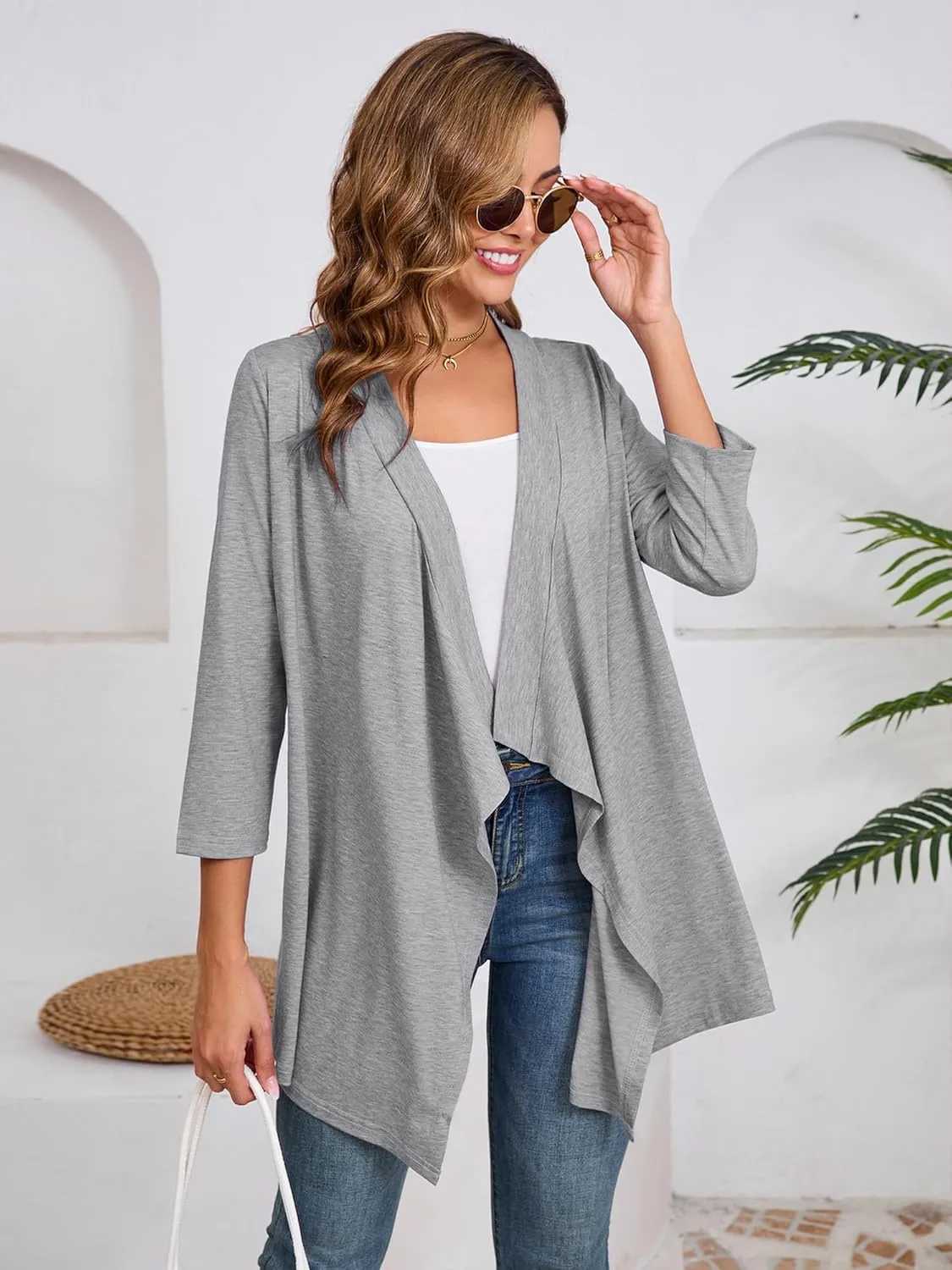 DEARCASE Women's Open Front Cardigans 3/4 Sleeve Draped Striped Printed Sweater Jackets Draped Kimono Loose Cardigan