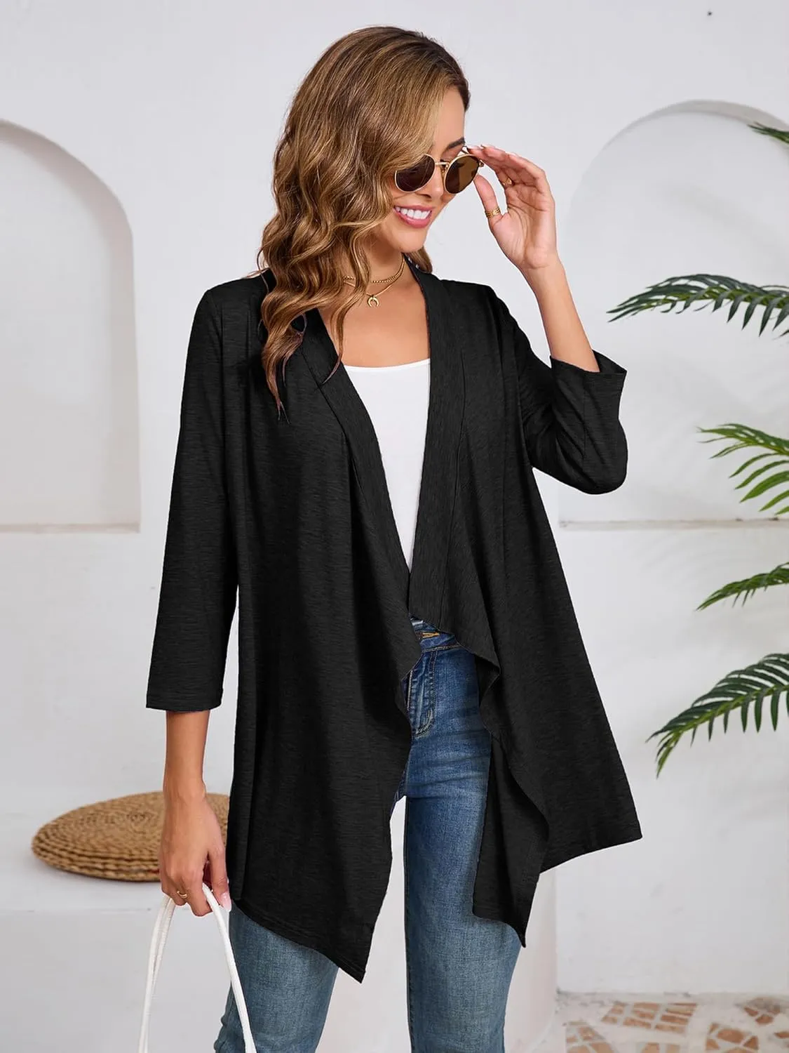 DEARCASE Women's Open Front Cardigans 3/4 Sleeve Draped Striped Printed Sweater Jackets Draped Kimono Loose Cardigan
