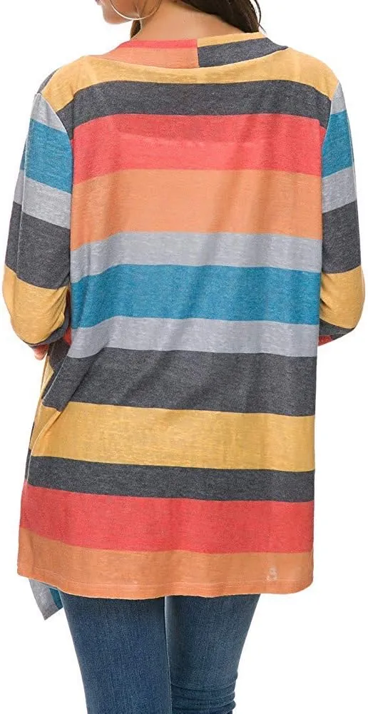 DEARCASE Women's Open Front Cardigans 3/4 Sleeve Draped Striped Printed Sweater Jackets Draped Kimono Loose Cardigan