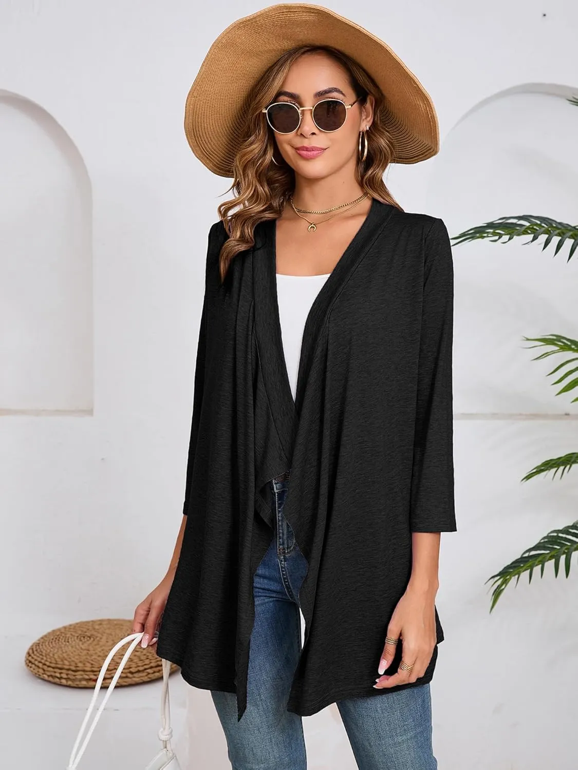 DEARCASE Women's Open Front Cardigans 3/4 Sleeve Draped Striped Printed Sweater Jackets Draped Kimono Loose Cardigan