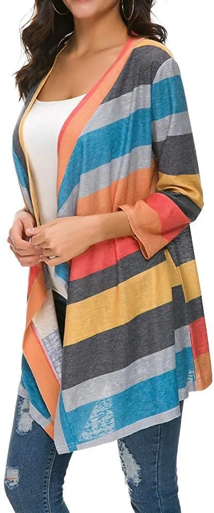 DEARCASE Women's Open Front Cardigans 3/4 Sleeve Draped Striped Printed Sweater Jackets Draped Kimono Loose Cardigan