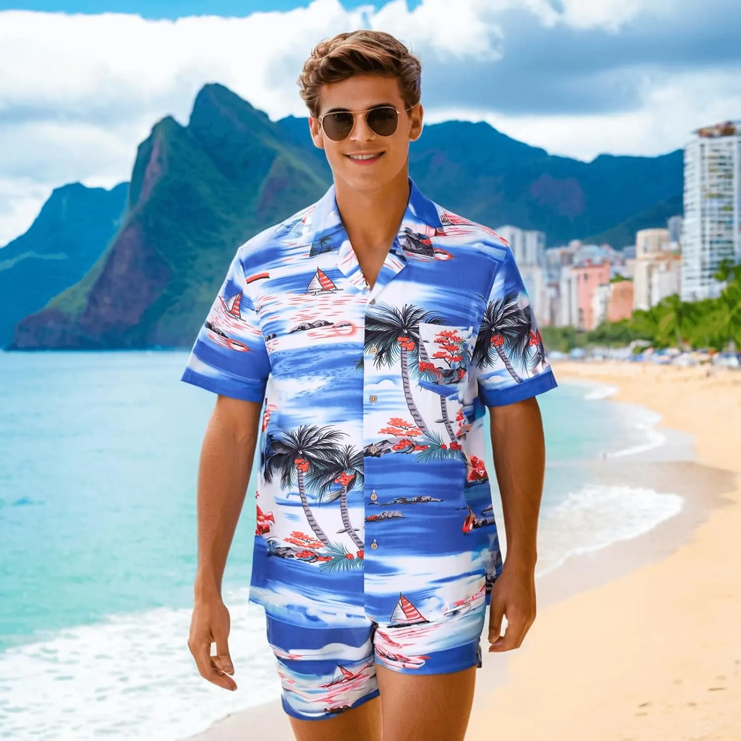 DOKKIA Men's Casual Tropical Floral Short Sleeve Luau Beach Aloha Hawaiian Shirt