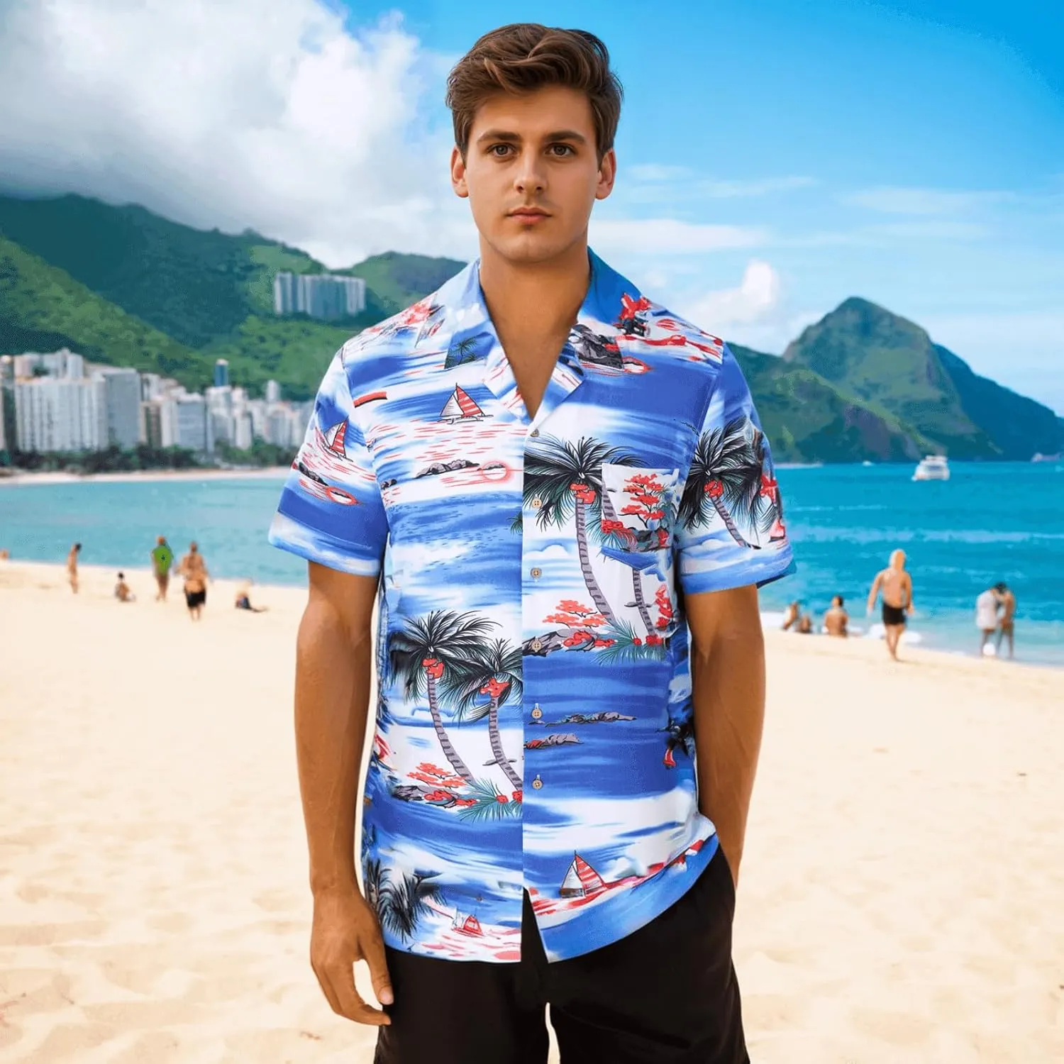 DOKKIA Men's Casual Tropical Floral Short Sleeve Luau Beach Aloha Hawaiian Shirt