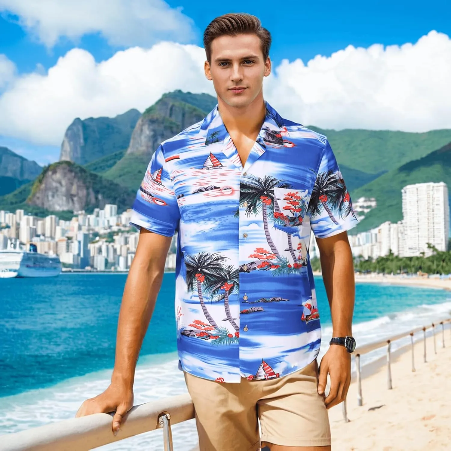 DOKKIA Men's Casual Tropical Floral Short Sleeve Luau Beach Aloha Hawaiian Shirt
