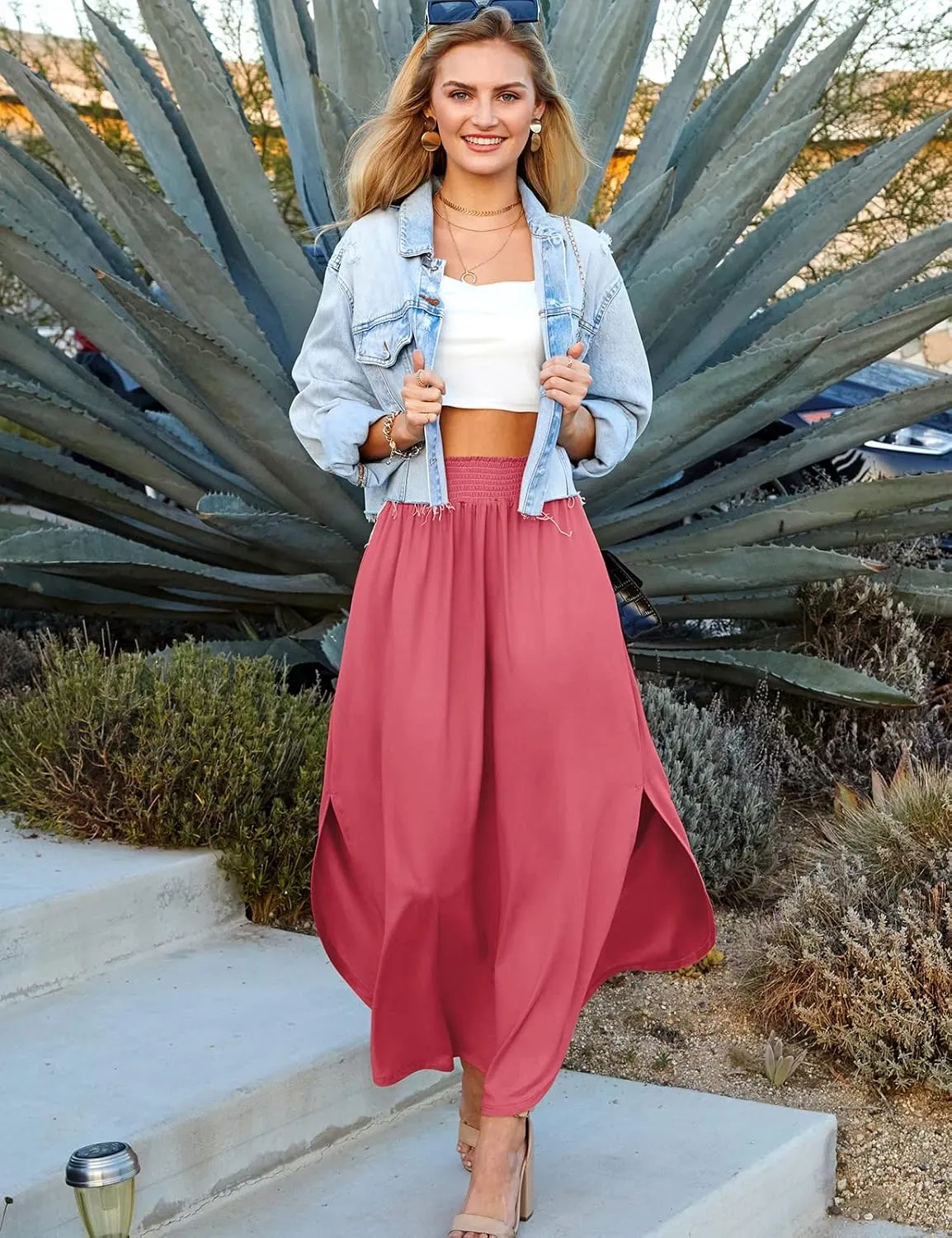 DOUBLJU Casual High Waisted Maxi Skirts Elastic Waist Band Ankle Length Trendy Summer Long Skirt for Womens with Plus Size