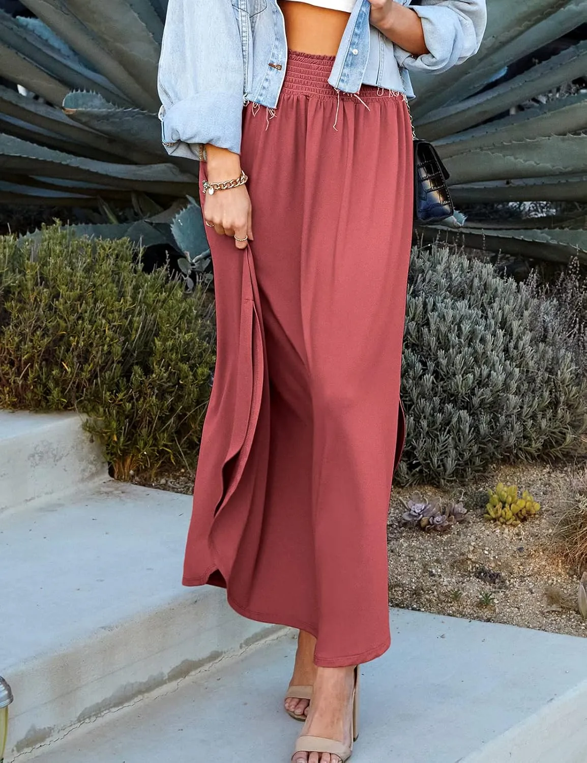 DOUBLJU Casual High Waisted Maxi Skirts Elastic Waist Band Ankle Length Trendy Summer Long Skirt for Womens with Plus Size