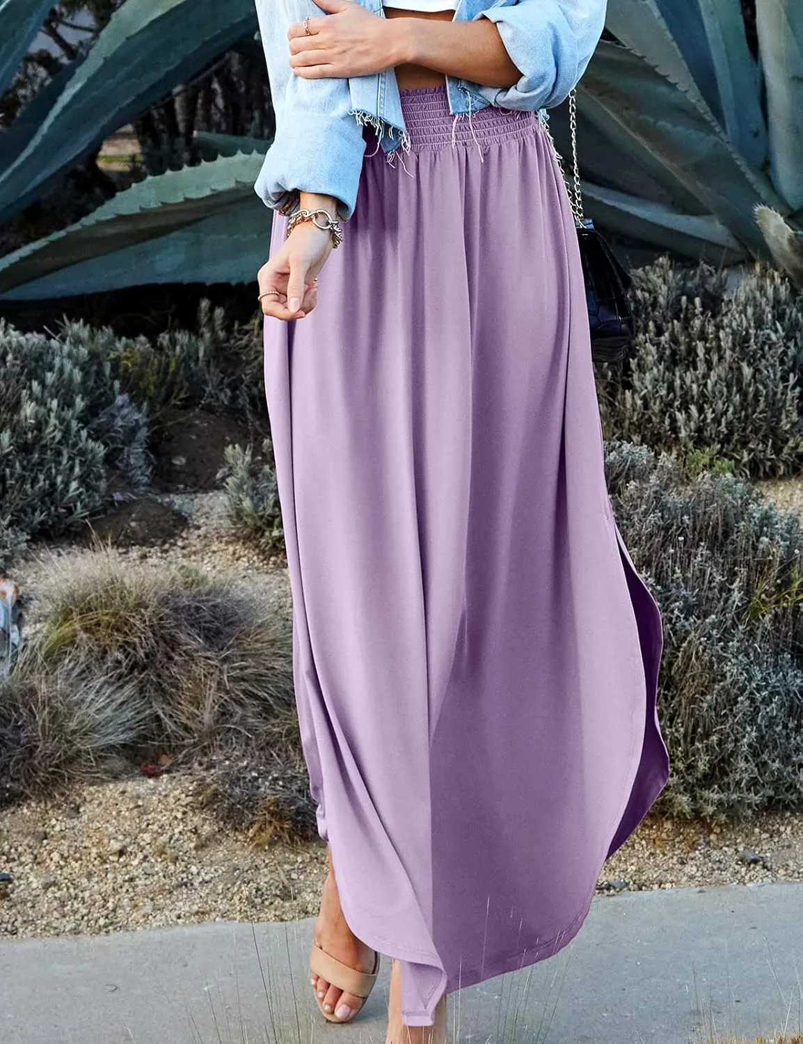 DOUBLJU Casual High Waisted Maxi Skirts Elastic Waist Band Ankle Length Trendy Summer Long Skirt for Womens with Plus Size