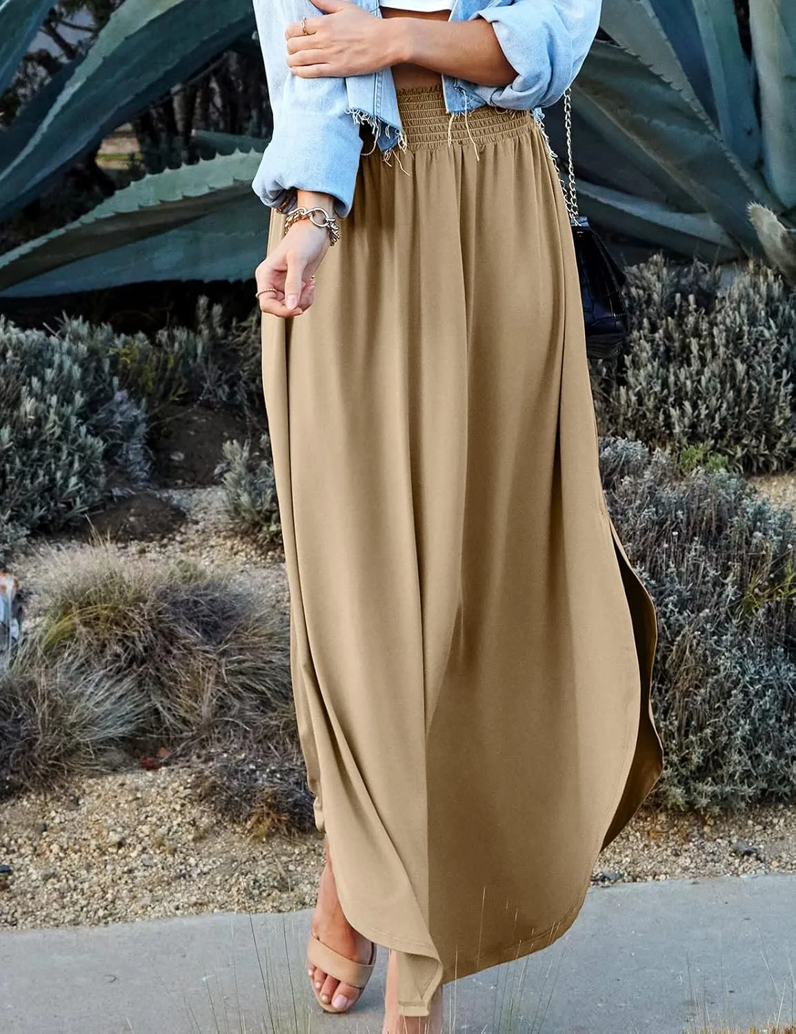 DOUBLJU Casual High Waisted Maxi Skirts Elastic Waist Band Ankle Length Trendy Summer Long Skirt for Womens with Plus Size