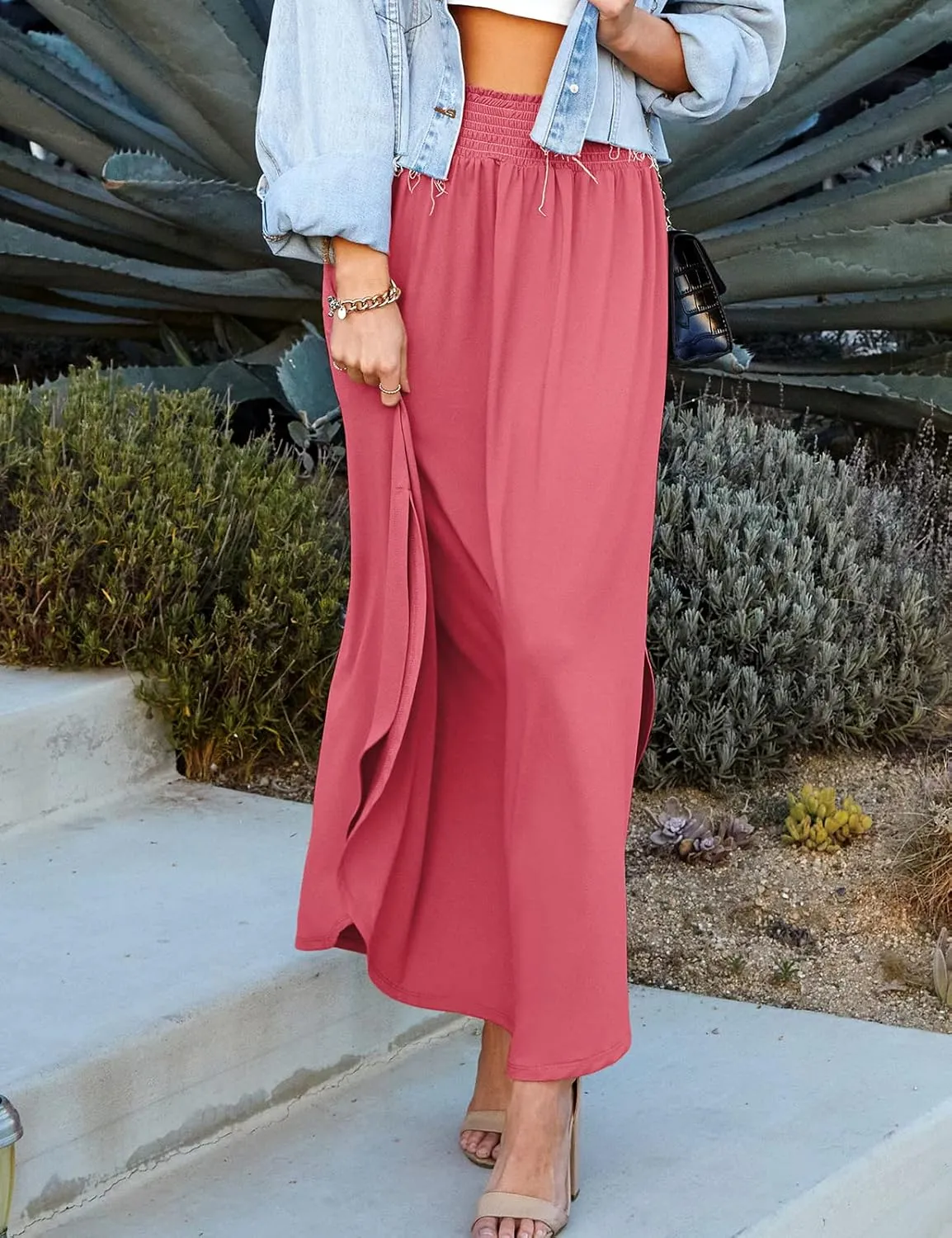 DOUBLJU Casual High Waisted Maxi Skirts Elastic Waist Band Ankle Length Trendy Summer Long Skirt for Womens with Plus Size