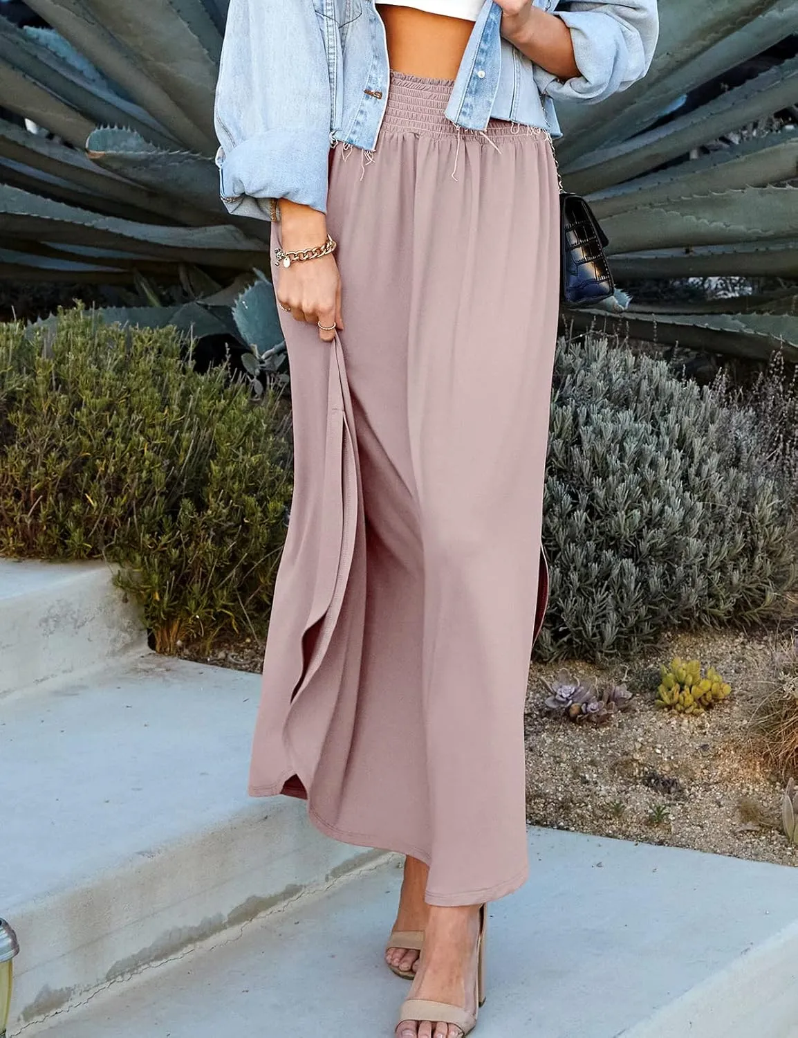 DOUBLJU Casual High Waisted Maxi Skirts Elastic Waist Band Ankle Length Trendy Summer Long Skirt for Womens with Plus Size