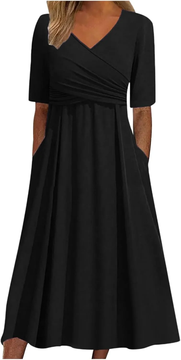 Dresses for Women 2024 Casual Summer Vacation Short Sleeve Tie Wrap V Neck Flowy Midi Dresses Beach Sundress with Pockets