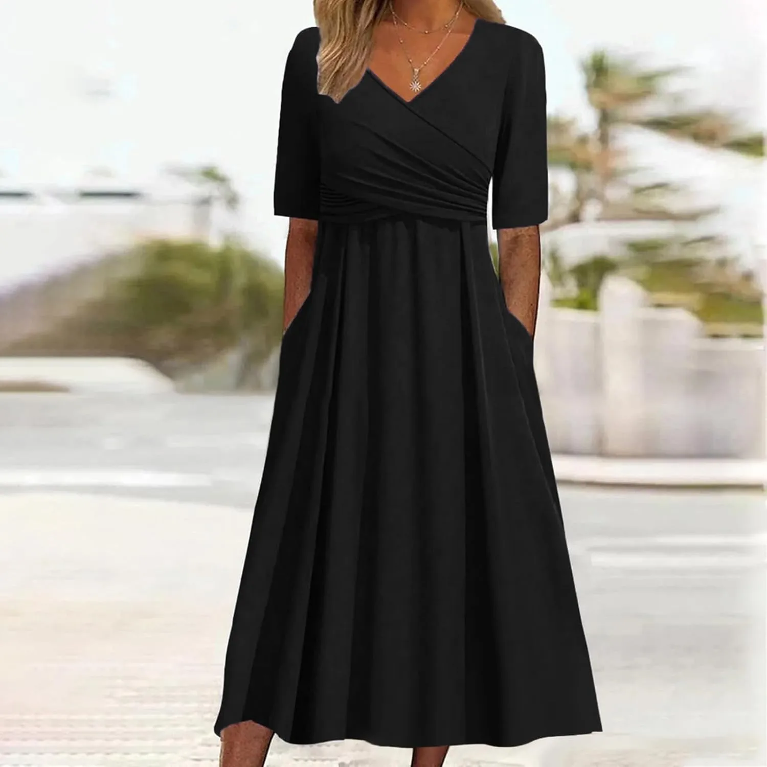 Dresses for Women 2024 Casual Summer Vacation Short Sleeve Tie Wrap V Neck Flowy Midi Dresses Beach Sundress with Pockets