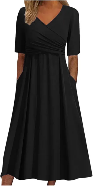 Dresses for Women 2024 Casual Summer Vacation Short Sleeve Tie Wrap V Neck Flowy Midi Dresses Beach Sundress with Pockets
