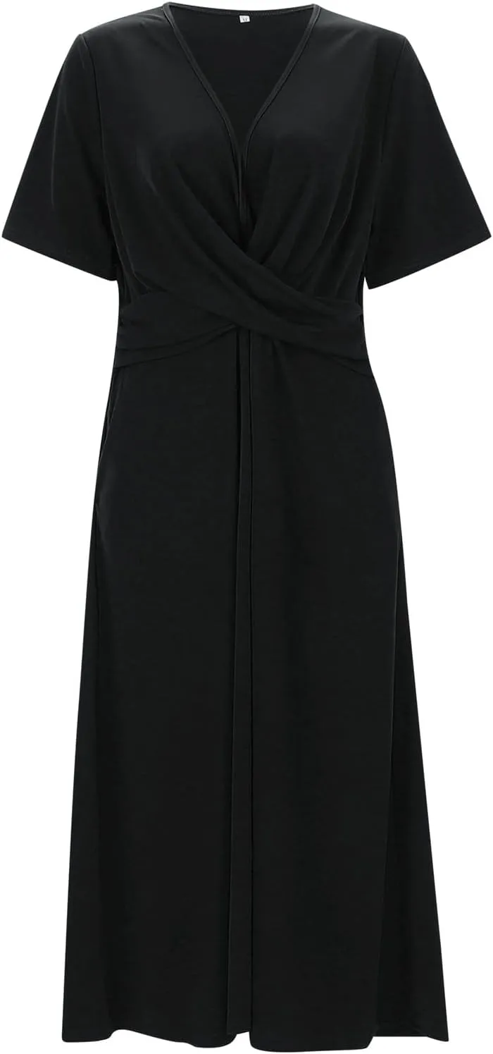 Dresses for Women 2024 Casual Summer Vacation Short Sleeve Tie Wrap V Neck Flowy Midi Dresses Beach Sundress with Pockets