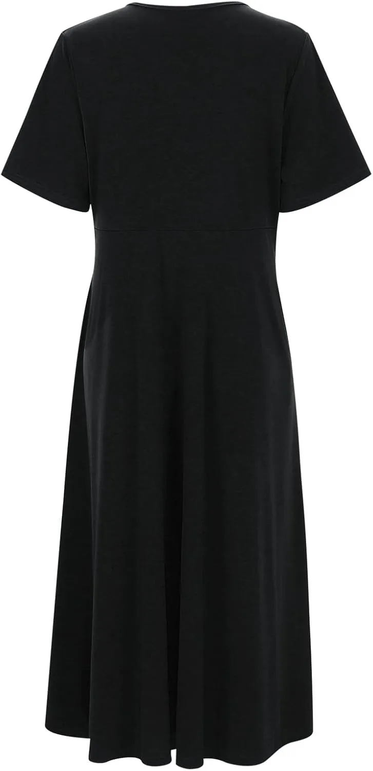 Dresses for Women 2024 Casual Summer Vacation Short Sleeve Tie Wrap V Neck Flowy Midi Dresses Beach Sundress with Pockets