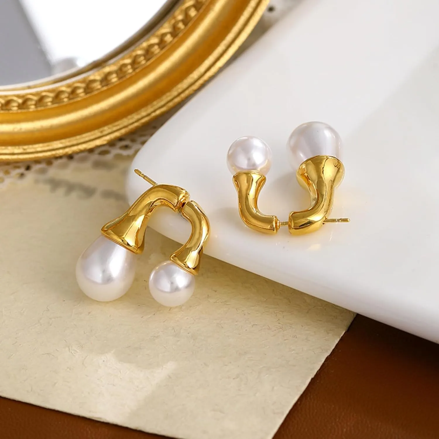 Dual-Tone Convertible Imitation Pearl Stud Earrings - Golden & Silver Minimalist Jewelry for Everyday Elegance