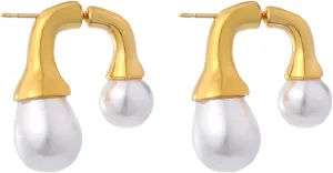 Dual-Tone Convertible Imitation Pearl Stud Earrings - Golden & Silver Minimalist Jewelry for Everyday Elegance