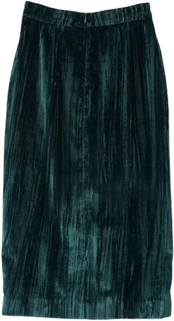 ebossy Women's Button Front High Waisted Bodycon Shimmer Velvet Midi Pencil Skirt