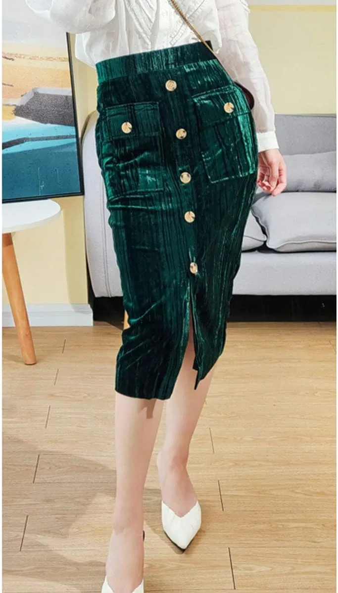 ebossy Women's Button Front High Waisted Bodycon Shimmer Velvet Midi Pencil Skirt