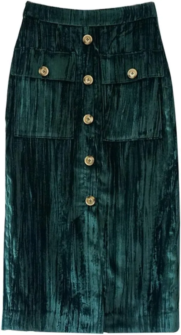 ebossy Women's Button Front High Waisted Bodycon Shimmer Velvet Midi Pencil Skirt