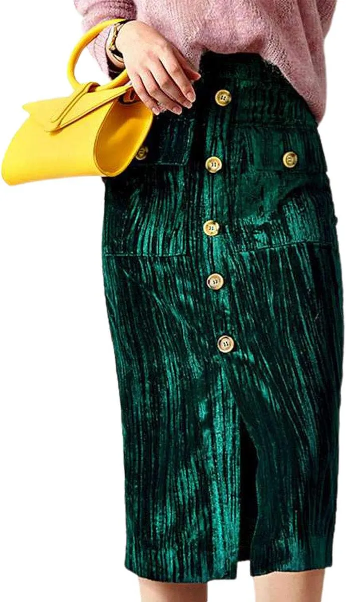 ebossy Women's Button Front High Waisted Bodycon Shimmer Velvet Midi Pencil Skirt