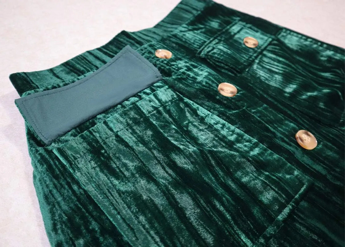 ebossy Women's Button Front High Waisted Bodycon Shimmer Velvet Midi Pencil Skirt