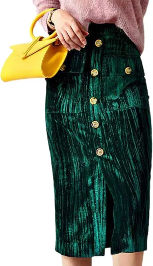ebossy Women's Button Front High Waisted Bodycon Shimmer Velvet Midi Pencil Skirt