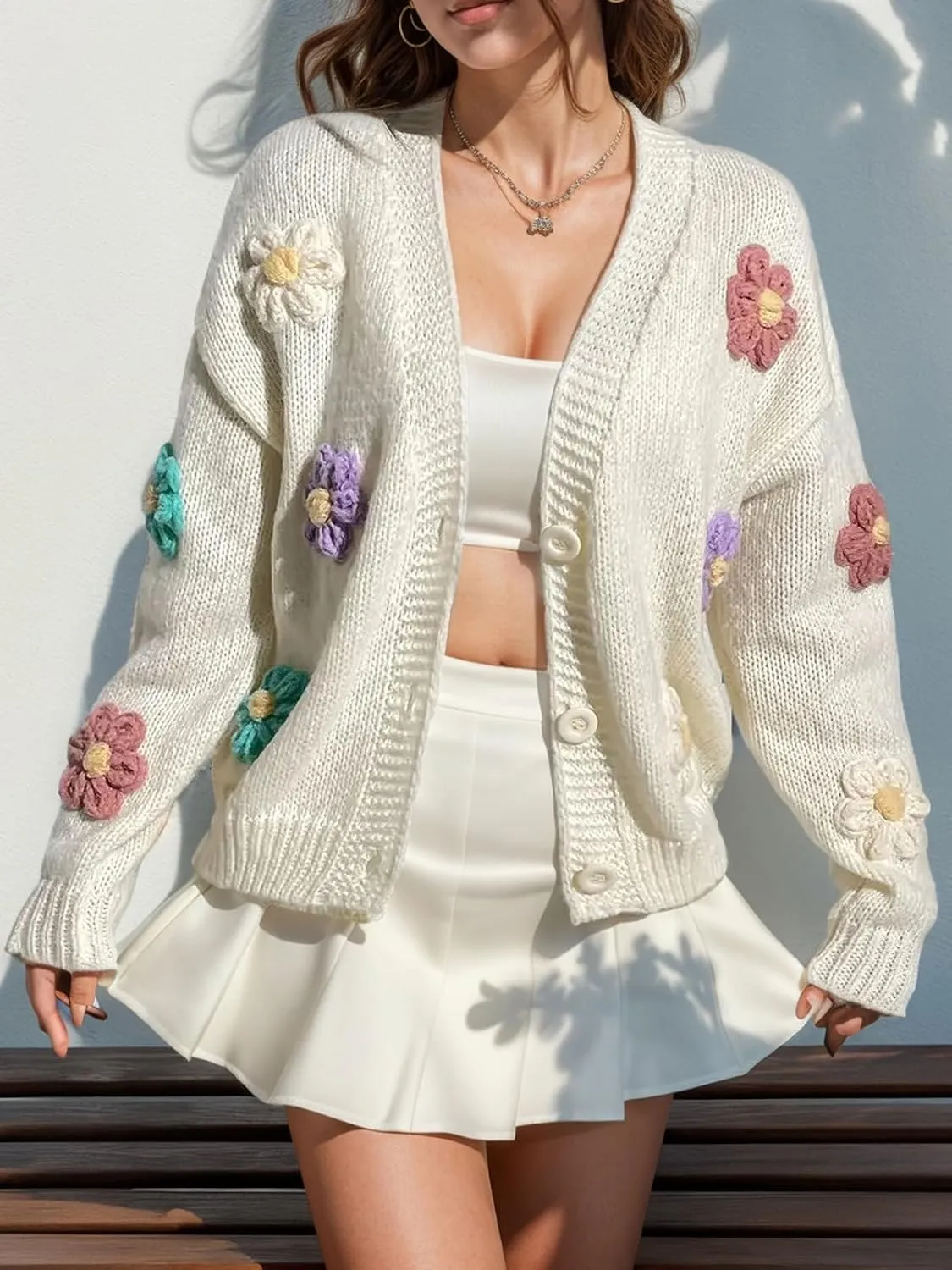 ebossy Women's Ribbed Knit Cardigans Embroidery Aesthetic Pretty Flowers Applique Button Up Sweater Coat