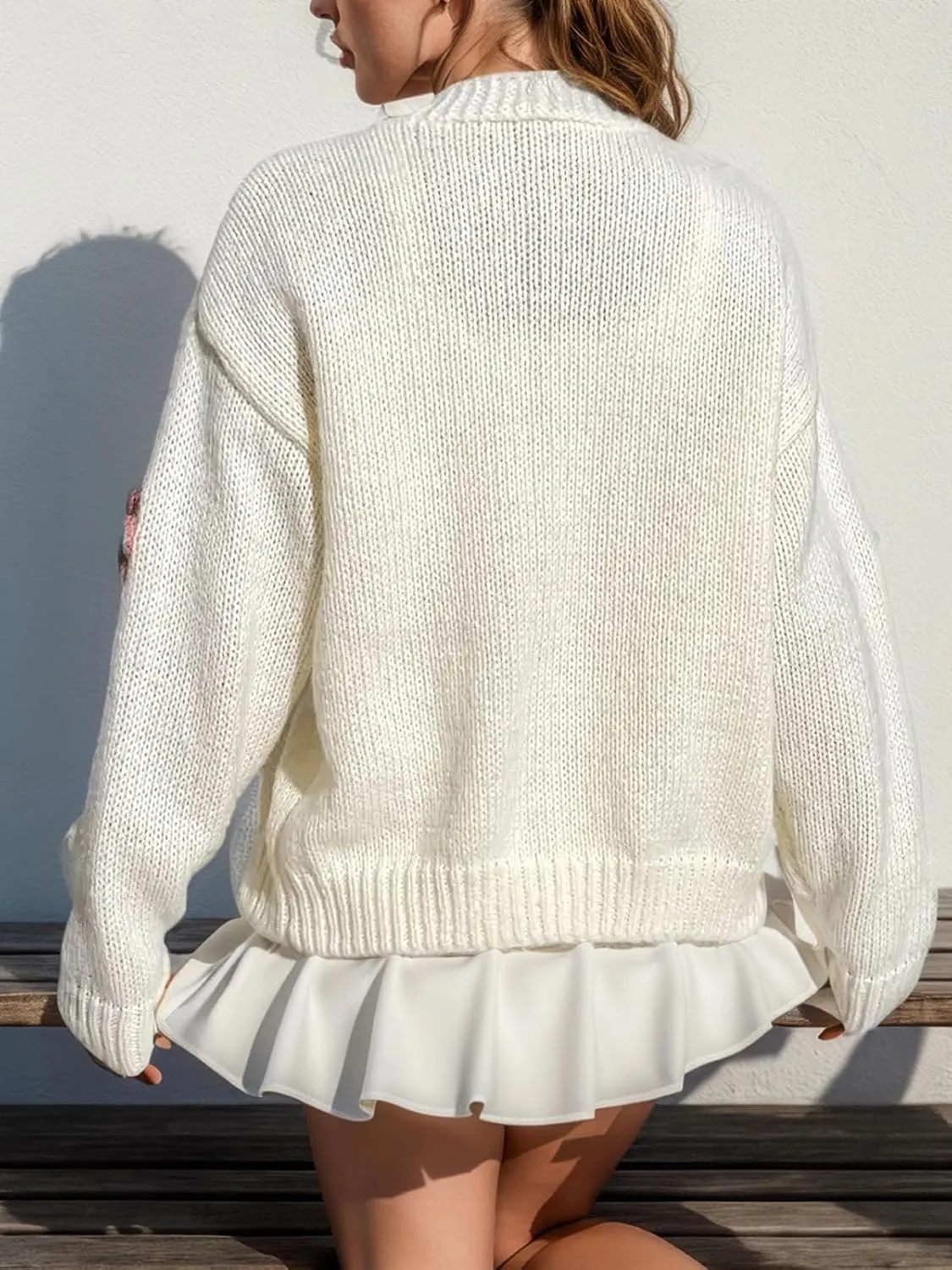 ebossy Women's Ribbed Knit Cardigans Embroidery Aesthetic Pretty Flowers Applique Button Up Sweater Coat