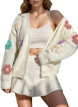 ebossy Women's Ribbed Knit Cardigans Embroidery Aesthetic Pretty Flowers Applique Button Up Sweater Coat