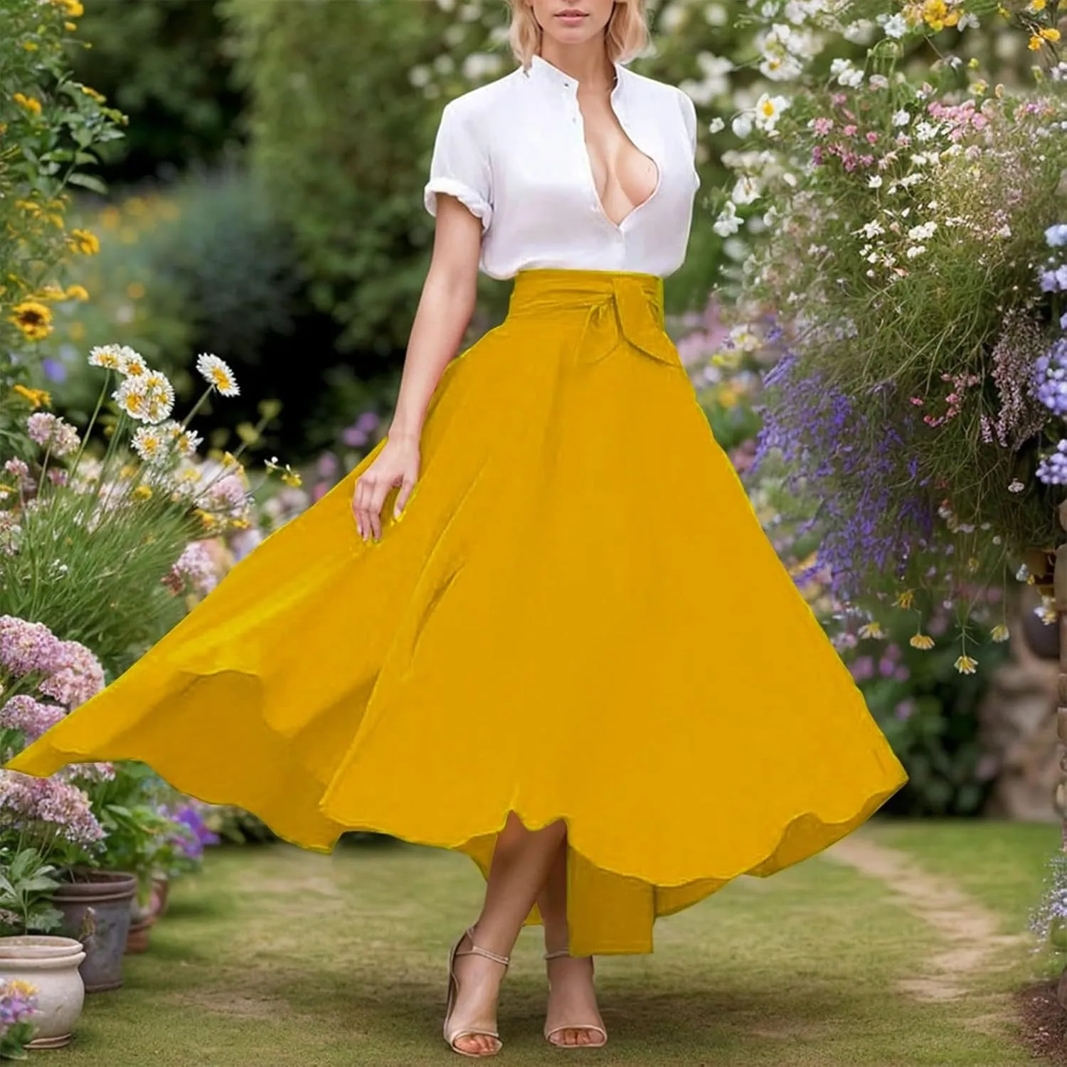 Elegant High Waist Skirt for Women Casual Bohemian Maxi Skirt with Pockets Asymmetrical Hem Skirts for Women Midi