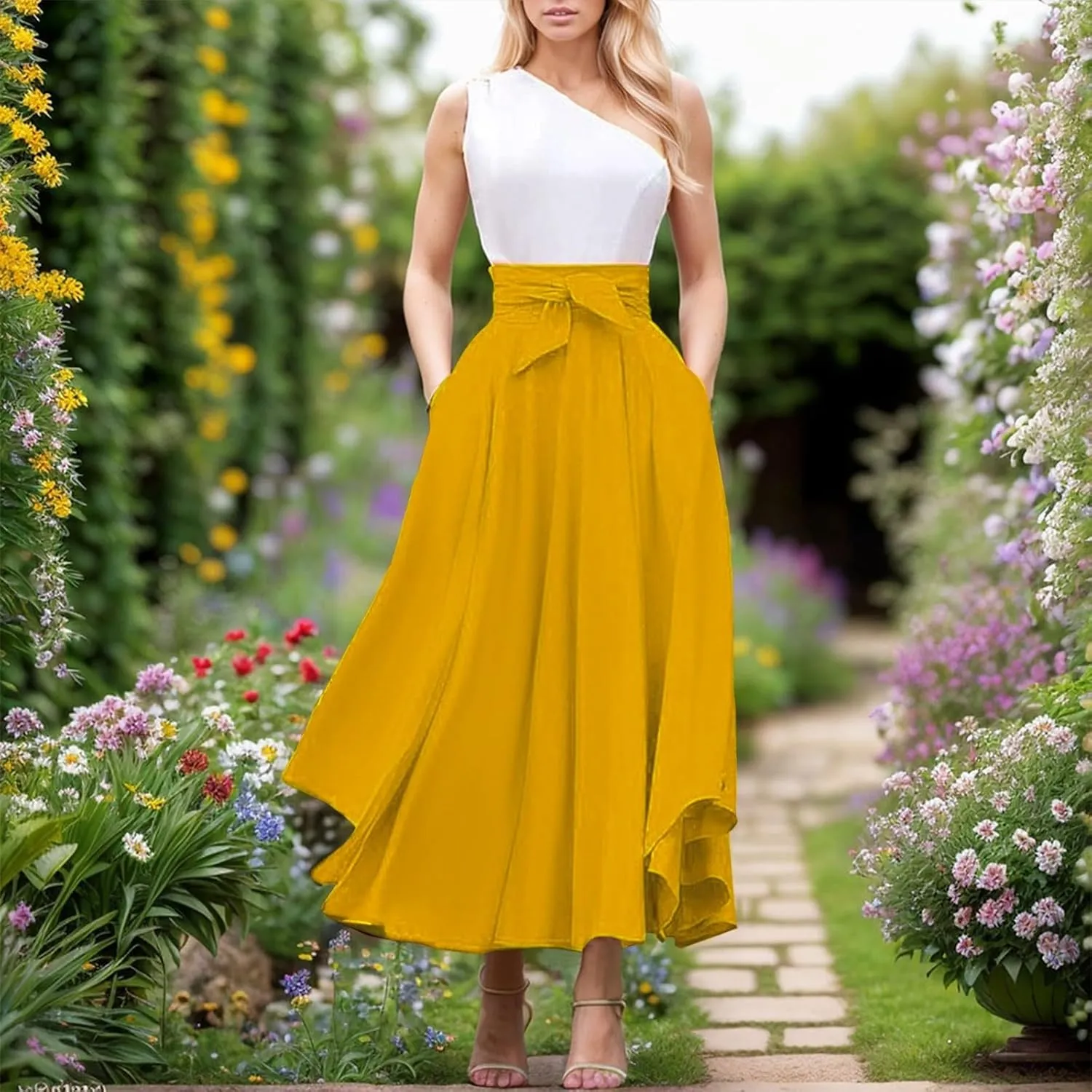 Elegant High Waist Skirt for Women Casual Bohemian Maxi Skirt with Pockets Asymmetrical Hem Skirts for Women Midi